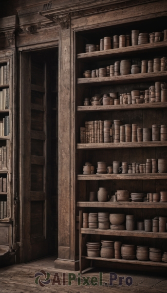 monochrome,indoors,book,no humans,bottle,scenery,bookshelf,sepia,shelf,library,shop,brown theme,jar