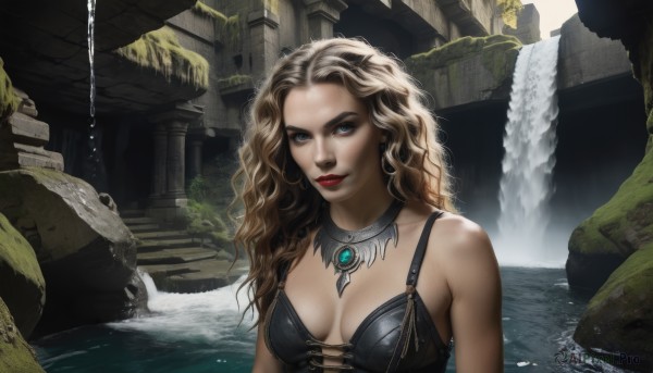 1girl,solo,long hair,breasts,looking at viewer,blue eyes,blonde hair,brown hair,cleavage,bare shoulders,jewelry,medium breasts,upper body,earrings,water,necklace,lips,wet,makeup,wavy hair,lipstick,gem,curly hair,realistic,nose,fantasy,red lips,ruins,waterfall,swimsuit,bikini