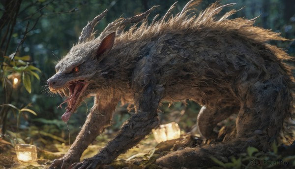 solo,open mouth,red eyes,outdoors,horns,teeth,day,tongue,tongue out,blurry,from side,tree,no humans,depth of field,blurry background,animal,leaf,fangs,plant,sharp teeth,all fours,nature,claws,forest,monster,lantern,branch,scales,saliva,realistic