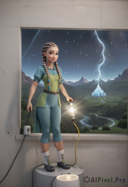 1girl,solo,long hair,looking at viewer,smile,brown hair,black hair,dress,holding,brown eyes,standing,full body,braid,short sleeves,boots,outdoors,sky,socks,belt,pants,water,twin braids,puffy short sleeves,lips,night,star (sky),night sky,hair over shoulder,cross-laced footwear,starry sky,lantern,mountain,electricity,magic,lightning,tent,breasts,shirt,puffy sleeves