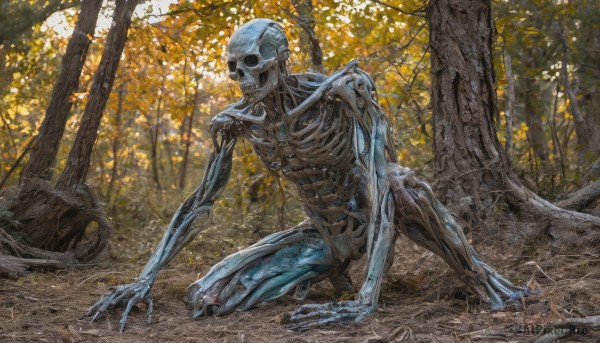 solo,outdoors,tree,no humans,kneeling,nature,claws,1other,forest,skull,monster,realistic,ribs,skeleton,bone,alien,signature