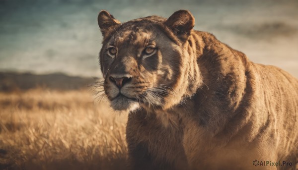 solo,looking at viewer,closed mouth,outdoors,sky,day,cloud,blurry,no humans,depth of field,blurry background,animal,realistic,animal focus,whiskers,tiger,brown theme