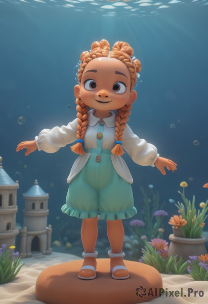 1girl,solo,long hair,looking at viewer,smile,open mouth,brown hair,shirt,long sleeves,brown eyes,standing,full body,white shirt,braid,flower,outdoors,shoes,shorts,puffy sleeves,dark skin,water,necklace,twin braids,dark-skinned female,sandals,sunlight,outstretched arms,child,puffy long sleeves,bubble,underwater,purple flower,female child,puffy shorts,coral,dress,frills,orange hair,buttons,grass,plant,air bubble