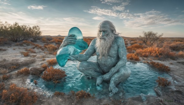 solo,long hair,1boy,holding,sitting,white hair,male focus,nude,outdoors,sky,day,cloud,water,tree,wet,colored skin,facial hair,bird,animal,squatting,cloudy sky,nature,scenery,beard,rock,realistic,blue skin,indian style,old,old man,river,fine art parody,looking at viewer,blue eyes,blue sky,muscular,ocean,scar,mountain,horizon,bald,holding animal,wrinkled skin