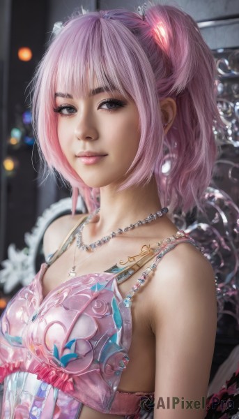 1girl,solo,breasts,looking at viewer,smile,short hair,bangs,hair ornament,bare shoulders,twintails,jewelry,collarbone,upper body,pink hair,earrings,artist name,signature,necklace,blurry,black eyes,lips,grey eyes,makeup,blurry background,realistic,blue eyes,medium breasts,closed mouth,underwear,ponytail,bra,armor,crown,pink bra