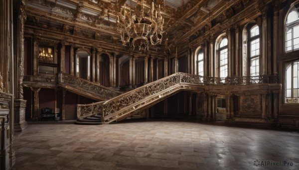 day,indoors,water,no humans,window,sunlight,scenery,stairs,door,railing,architecture,pillar,arch,chandelier,column,vanishing point,chair,table,wooden floor,fantasy,tiles,candle,tile floor,ceiling,carpet,candlestand