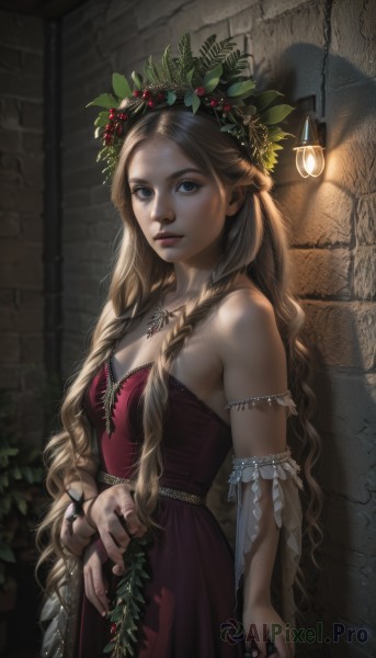 1girl,solo,long hair,breasts,looking at viewer,blue eyes,blonde hair,brown hair,hair ornament,dress,cleavage,bare shoulders,jewelry,very long hair,closed mouth,standing,braid,cowboy shot,small breasts,necklace,twin braids,bracelet,lips,fingernails,eyelashes,strapless,leaf,wavy hair,red dress,sunlight,ring,plant,gem,strapless dress,armlet,realistic,nose,shade,against wall,wall,head wreath,brick wall,dappled sunlight,stone wall,multiple braids,brown eyes,medium breasts