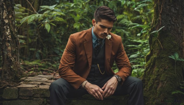 solo,short hair,brown hair,shirt,black hair,long sleeves,1boy,jewelry,sitting,closed mouth,jacket,closed eyes,flower,male focus,outdoors,open clothes,necktie,day,collared shirt,pants,blurry,vest,open jacket,tree,blurry background,facial hair,black pants,formal,suit,blue shirt,plant,white flower,nature,forest,watch,brown jacket,realistic,mustache,wristwatch,black shirt,tattoo,rose,leaf,black vest,very short hair