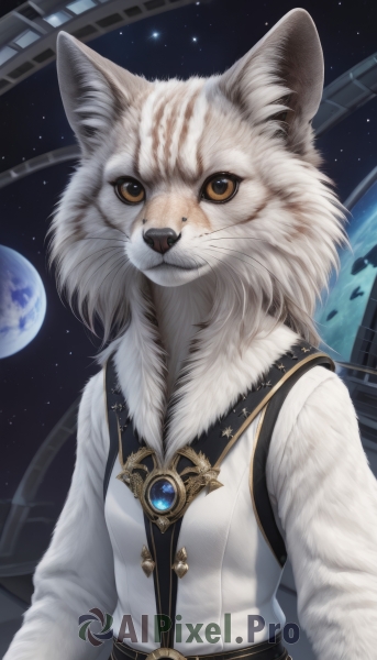 solo,looking at viewer,shirt,long sleeves,brown eyes,jewelry,white shirt,upper body,belt,signature,no humans,animal,cat,brooch,gem,star (sky),furry,starry sky,space,body fur,animal focus,white fur,planet,whiskers,earth (planet),1girl,breasts,animal ears,closed mouth,yellow eyes,animal ear fluff,realistic