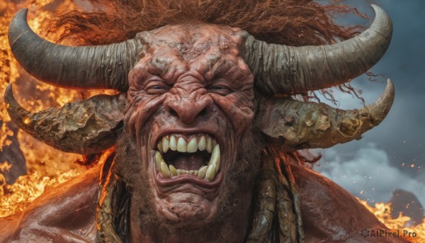 solo,looking at viewer,open mouth,blue eyes,brown hair,1boy,male focus,outdoors,horns,teeth,fangs,fire,portrait,realistic,giant,molten rock,sky,tongue,colored skin,monster,fantasy,white eyes,demon,burning