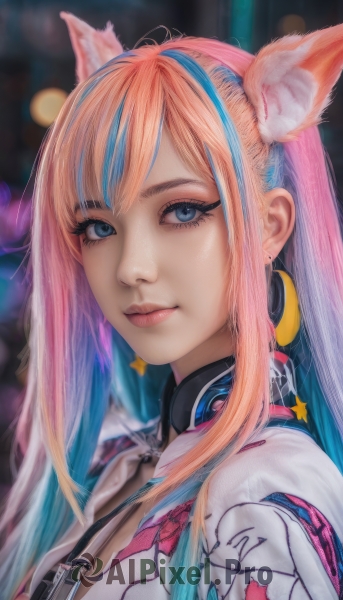 1girl,solo,long hair,looking at viewer,bangs,blue eyes,blonde hair,animal ears,jewelry,closed mouth,blue hair,jacket,upper body,pink hair,multicolored hair,earrings,cat ears,star (symbol),blurry,two-tone hair,lips,streaked hair,animal ear fluff,eyelashes,aqua hair,gradient hair,makeup,blurry background,headphones,crescent,portrait,eyeshadow,nose,mascara,breasts,smile,cleavage,artist name,orange hair,fox ears,depth of field,hoop earrings,realistic,eyeliner,headphones around neck