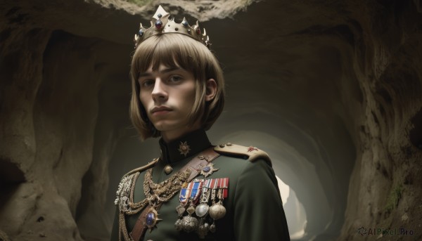 1girl,solo,looking at viewer,short hair,bangs,brown hair,brown eyes,closed mouth,jacket,upper body,parted lips,uniform,lips,military,military uniform,crown,epaulettes,green jacket,realistic,badge,military jacket,aiguillette,medal,soldier,blue eyes,blonde hair,jewelry,parody,fine art parody