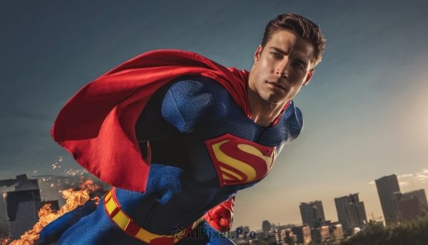 solo,looking at viewer,short hair,brown hair,black hair,gloves,1boy,male focus,outdoors,sky,belt,cape,bodysuit,muscular,fire,building,clenched hand,red gloves,city,realistic,red cape,cityscape,superhero,skyscraper,blue bodysuit,photo background,closed mouth,cloud,facial hair,pectorals,muscular male,clenched hands,sunset,sunrise