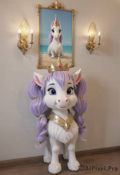 1girl,solo,long hair,looking at viewer,smile,blue eyes,twintails,standing,purple eyes,full body,purple hair,sky,no humans,ocean,animal,beach,crown,reflection,mirror,candle,unicorn,jewelry,indoors,gem,wooden floor,horse,picture frame,painting (object),picture (object),portrait (object)