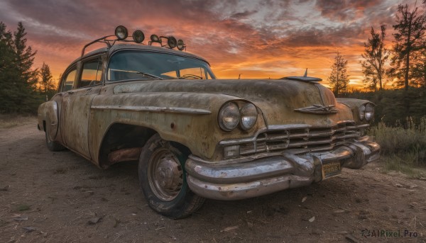 outdoors,sky,cloud,tree,no humans,cloudy sky,grass,ground vehicle,nature,scenery,motor vehicle,forest,sunset,car,road,vehicle focus,evening,orange sky,wheel,sports car,tire,signature,twilight,dusk