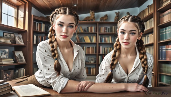 long hair,breasts,looking at viewer,smile,blue eyes,multiple girls,skirt,large breasts,brown hair,shirt,long sleeves,2girls,cleavage,jewelry,medium breasts,sitting,closed mouth,white shirt,upper body,braid,earrings,parted lips,day,collared shirt,artist name,indoors,mole,twin braids,lips,fingernails,grey eyes,book,eyelashes,window,makeup,leaning forward,siblings,stuffed toy,table,sunlight,stuffed animal,polka dot,lipstick,sisters,hair over shoulder,forehead,sleeves rolled up,freckles,teddy bear,brown skirt,twins,light rays,open book,realistic,nose,bookshelf,red lips,photo (object),shelf,book stack,picture frame,mascara,picture (object),portrait (object),brown eyes,collarbone,multicolored hair,dress shirt,cat,thick eyebrows,blouse,eyeshadow,partially unbuttoned,sleeves pushed up,arm rest