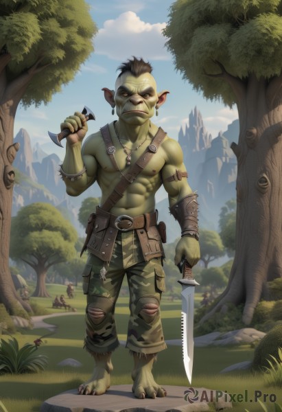 looking at viewer,short hair,brown hair,black hair,1boy,navel,holding,jewelry,nipples,standing,full body,weapon,male focus,earrings,outdoors,multiple boys,sky,barefoot,solo focus,day,pointy ears,belt,pants,sword,cloud,necklace,holding weapon,tree,torn clothes,muscular,colored skin,facial hair,abs,grass,knife,muscular male,nature,forest,topless male,pouch,rock,fantasy,dagger,bald,green skin,monster boy,orc,tusks,goblin,tooth necklace,solo,holding sword,piercing,pectorals,bara,large pectorals,dual wielding,axe,leather,bare pectorals,undercut,torn pants,mohawk,leather belt