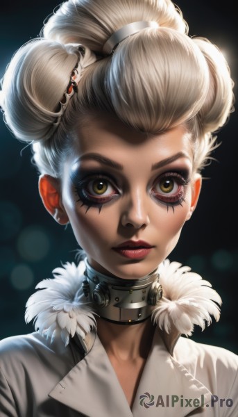 1girl,solo,looking at viewer,short hair,blonde hair,hair ornament,brown eyes,closed mouth,yellow eyes,upper body,white hair,choker,artist name,signature,hair bun,collar,lips,fur trim,eyelashes,double bun,makeup,lipstick,portrait,eyeshadow,realistic,nose,red lips,eyeliner,mascara,jewelry,multicolored hair,earrings,two-tone hair,facial mark,feathers,black background,backlighting,facepaint