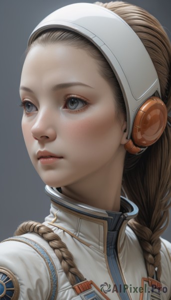 1girl,solo,long hair,blue eyes,simple background,brown hair,closed mouth,braid,parted lips,grey background,uniform,twin braids,lips,looking to the side,grey eyes,eyelashes,headphones,looking away,portrait,hair over shoulder,forehead,freckles,realistic,nose,hair pulled back,blush,upper body,artist name,single braid,expressionless,rope,headset,looking afar