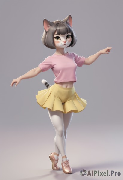 1girl,solo,breasts,looking at viewer,blush,smile,short hair,bangs,skirt,simple background,brown hair,shirt,black hair,navel,animal ears,brown eyes,closed mouth,standing,tail,full body,short sleeves,pantyhose,pleated skirt,small breasts,shoes,midriff,artist name,cat ears,miniskirt,blunt bangs,grey background,cat tail,animal ear fluff,gradient,gradient background,:3,brown footwear,cat,bob cut,crossed legs,outstretched arms,cat girl,furry,white pantyhose,pink shirt,furry female,pink footwear,yellow skirt,animal nose,whiskers,striped tail,ballet slippers,ballet,tutu,crop top,tiptoes,yellow footwear