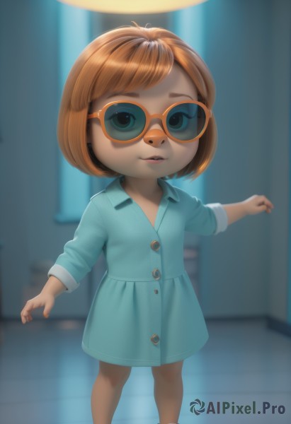 1girl,solo,looking at viewer,smile,short hair,open mouth,bangs,brown hair,dress,standing,full body,parted lips,shoes,glasses,teeth,indoors,blurry,lips,buttons,blurry background,blue dress,sunglasses,child,furry,round eyewear,furry female,female child,tinted eyewear,buck teeth,orange-tinted eyewear,blue eyes,shirt,barefoot,artist name,loli,freckles