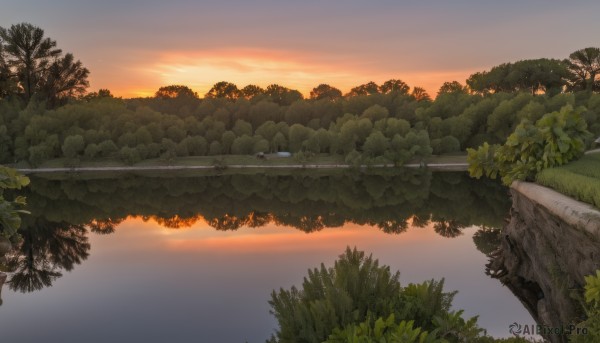 A landscape amidst a vivid sunset outdoors