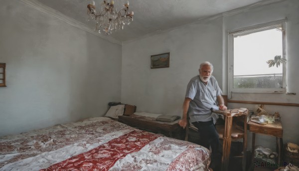 solo,shirt,1boy,white shirt,white hair,short sleeves,male focus,pants,indoors,bag,window,bed,facial hair,chair,table,plant,t-shirt,scenery,beard,realistic,lamp,bedroom,old,old man,photo background,painting (object),day,tree,pillow,book,black pants,bald,carpet