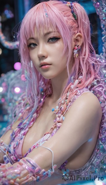 1girl,solo,long hair,breasts,looking at viewer,bangs,blue eyes,hair ornament,cleavage,jewelry,medium breasts,upper body,pink hair,earrings,parted lips,artist name,bra,blurry,black eyes,lips,grey eyes,depth of field,blurry background,realistic,nose,bare shoulders,sleeveless,water,necklace,wet,eyelashes,watermark,ring,gem,web address,tentacles,strap slip,partially submerged,water drop,pink lips