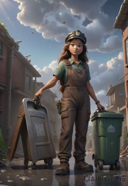 1girl,solo,long hair,looking at viewer,smile,brown hair,shirt,hat,holding,brown eyes,jewelry,standing,full body,short sleeves,boots,outdoors,parted lips,sky,shoes,day,collared shirt,pants,artist name,cloud,bracelet,blue sky,lips,bird,brown footwear,sunlight,cloudy sky,goggles,building,freckles,pocket,watch,realistic,green shirt,wristwatch,overalls,badge,dirty,wrench,uniform,leaf,blue shirt,nose,can,polo shirt