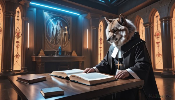 solo,long sleeves,1boy,jewelry,sitting,male focus,indoors,necklace,book,no humans,chair,table,cross,furry,robe,paper,open book,pen,candle,furry male,cross necklace,statue,writing,quill,candlestand,black robe,priest,holding,animal ears,closed mouth,hood,wide sleeves,fur trim,cloak,desk,scar across eye,nun,white fur,wolf,black cloak,latin cross,wolf boy