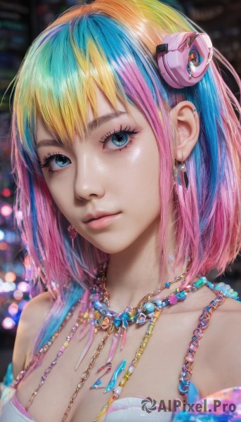 1girl,solo,breasts,looking at viewer,short hair,bangs,blue eyes,blonde hair,hair ornament,cleavage,bare shoulders,jewelry,medium breasts,closed mouth,blue hair,collarbone,upper body,pink hair,multicolored hair,earrings,necklace,blurry,two-tone hair,lips,eyelashes,gradient hair,makeup,depth of field,blurry background,piercing,gem,ear piercing,portrait,eyeshadow,pink lips,realistic,nose,mascara,artist name,nail polish,streaked hair,watermark,eyeliner,bokeh