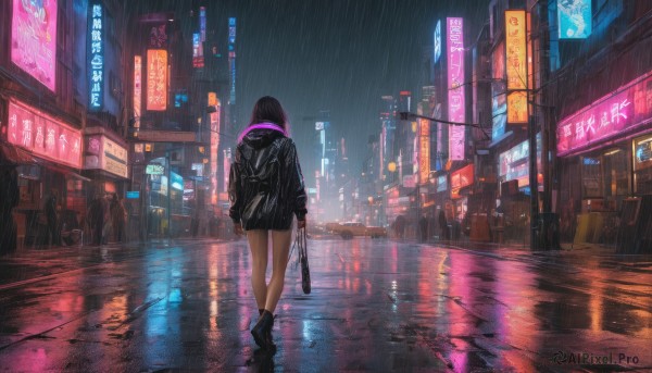 1girl, skirt, black hair, holding, standing, jacket, weapon, boots, outdoors, solo focus, hood, bag, from behind, black footwear, black jacket, gun, dutch angle, night, umbrella, building, scenery, reflection, walking, rain, city, sign, facing away, road, street, neon lights