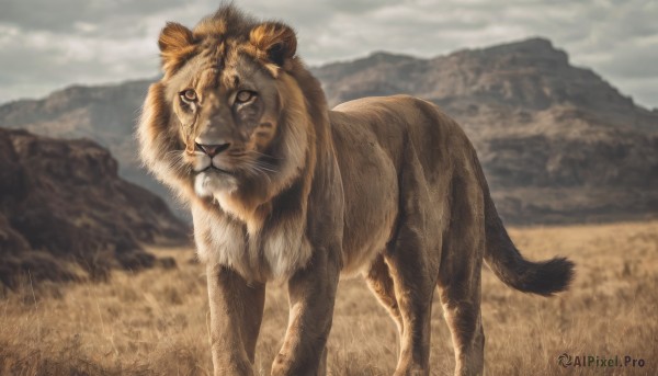 solo,looking at viewer,closed mouth,standing,outdoors,sky,day,cloud,blurry,no humans,blurry background,animal,fangs,cloudy sky,grass,mountain,realistic,field,animal focus,tiger,mountainous horizon,lion,tail,signature,grey sky