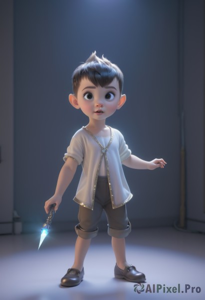 solo,looking at viewer,short hair,open mouth,shirt,black hair,1boy,holding,jewelry,standing,full body,weapon,male focus,shoes,shorts,teeth,pants,necklace,holding weapon,black eyes,knife,child,zipper,male child,brown eyes,glowing