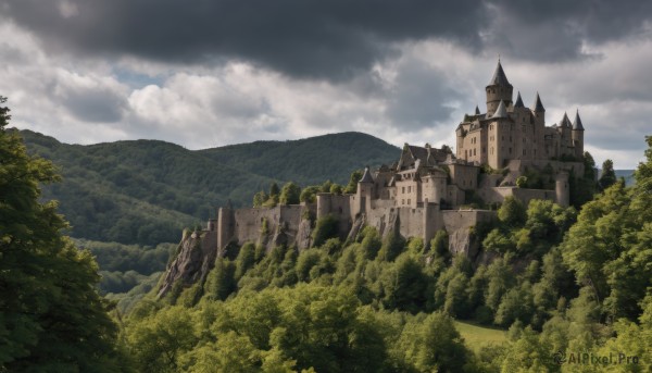 outdoors,sky,day,cloud,tree,blue sky,no humans,cloudy sky,building,nature,scenery,forest,mountain,castle,tower,landscape,fantasy,cliff