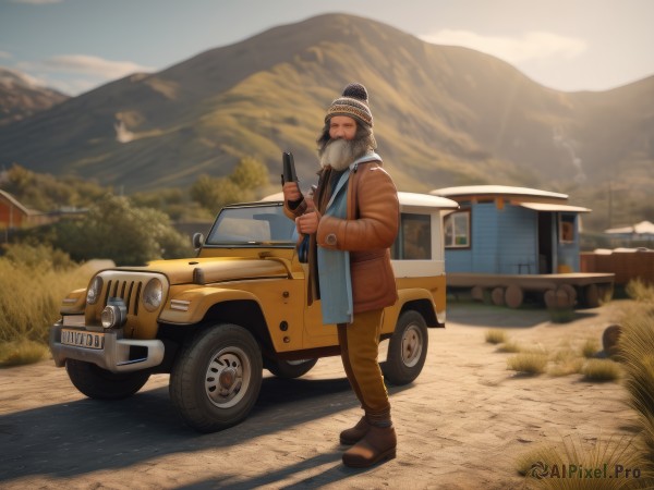 1girl,solo,looking at viewer,long sleeves,hat,holding,standing,jacket,weapon,grey hair,boots,outdoors,sky,day,pants,scarf,blurry,tree,coat,fur trim,facial hair,brown footwear,phone,grass,knife,ground vehicle,motor vehicle,beard,brown jacket,mountain,beanie,winter clothes,car,holding knife,brown pants,vehicle focus,truck,black hair,1boy,male focus,open clothes,shoes,cloud,holding weapon,gun,shadow,holding gun,scenery,mustache,house,wide shot,brown coat