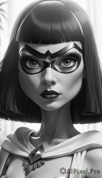 1girl,solo,breasts,looking at viewer,short hair,bangs,cleavage,jewelry,medium breasts,closed mouth,collarbone,monochrome,upper body,greyscale,artist name,blunt bangs,cape,mole,lips,eyelashes,makeup,mask,bob cut,lipstick,portrait,nose,superhero,domino mask,teeth,mole under eye,thick eyebrows,realistic