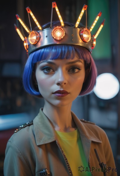 1girl,solo,looking at viewer,short hair,bangs,shirt,brown eyes,closed mouth,blue hair,jacket,upper body,purple hair,open clothes,artist name,blunt bangs,blurry,open jacket,lips,eyelashes,makeup,blurry background,headgear,watermark,bob cut,crown,lipstick,freckles,science fiction,realistic,nose,green shirt,brown hair,glowing,zipper,yellow shirt,brown jacket,leather,leather jacket,button badge