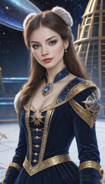 1girl,solo,long hair,breasts,looking at viewer,brown hair,long sleeves,dress,cleavage,brown eyes,jewelry,medium breasts,closed mouth,collarbone,upper body,earrings,sky,choker,artist name,signature,hair bun,lips,double bun,makeup,night,blue dress,lipstick,brooch,gem,star (sky),forehead,starry sky,gold trim,realistic,nose,red lips,space,planet,earth (planet),hair ornament,necklace