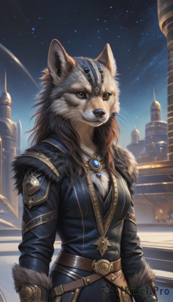 1girl,solo,long hair,breasts,looking at viewer,brown hair,long sleeves,animal ears,brown eyes,jewelry,medium breasts,standing,jacket,outdoors,sky,belt,artist name,signature,necklace,coat,fur trim,night,watermark,brooch,gem,star (sky),night sky,furry,buckle,pendant,starry sky,fur collar,belt buckle,furry female,brown belt,body fur,blue coat,snout,gloves,fangs,wolf ears,shooting star