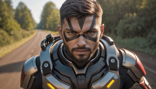 solo,looking at viewer,short hair,brown hair,black hair,1boy,brown eyes,closed mouth,upper body,male focus,outdoors,day,armor,blurry,tree,bodysuit,blurry background,facial hair,facial mark,portrait,beard,realistic,mustache,facepaint,animification,undercut,straight-on,official alternate costume,lips,serious,road,power armor