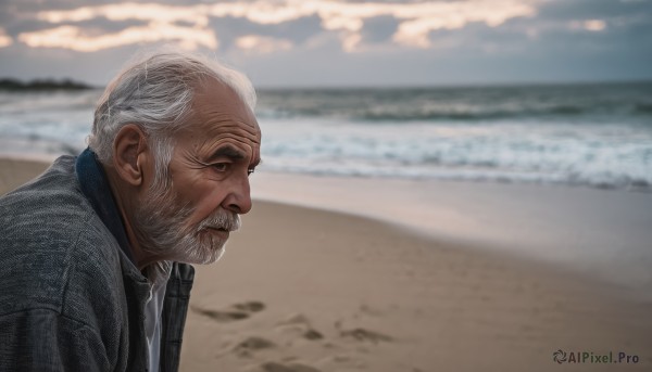 solo,shirt,1boy,closed mouth,jacket,upper body,weapon,white hair,grey hair,male focus,outdoors,necktie,sky,cloud,blurry,from side,gun,profile,depth of field,blurry background,facial hair,ocean,beach,formal,beard,realistic,grey jacket,mustache,sand,bald,old,old man,photo background,wrinkled skin,day,collared shirt,water,black shirt,horizon,waves,shore