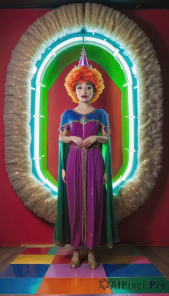 1girl,solo,looking at viewer,dress,jewelry,standing,full body,cape,orange hair,lips,makeup,sandals,crown,lipstick,gem,purple dress,curly hair,red lips,afro,short hair,red hair,boots,brown footwear,instrument,long dress,throne