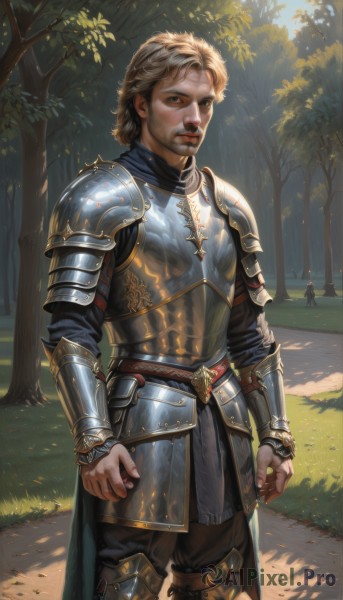 solo,looking at viewer,short hair,blonde hair,brown hair,long sleeves,1boy,brown eyes,standing,male focus,boots,outdoors,parted lips,teeth,solo focus,day,belt,pants,armor,tree,lips,facial hair,sunlight,grass,shoulder armor,gauntlets,nature,beard,clenched hands,forest,walking,pauldrons,breastplate,realistic,nose,arms at sides,vambraces,greaves,brown pants,dappled sunlight,faulds,knight,plate armor,blue eyes,cape