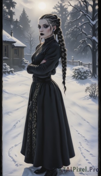 1girl,solo,long hair,looking at viewer,black hair,long sleeves,dress,jewelry,closed mouth,standing,full body,braid,earrings,boots,outdoors,sky,necklace,nail polish,black footwear,black eyes,black dress,tree,single braid,makeup,crossed arms,moon,lipstick,pale skin,black nails,red nails,snow,braided ponytail,snowing,long dress,house,winter,bare tree,black lips,multiple braids,skirt,artist name,lips,eyeshadow,long skirt,red lips,black border,hair pulled back