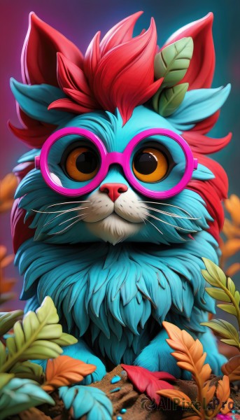 solo,looking at viewer,brown eyes,closed mouth,standing,full body,outdoors,glasses,blurry,pokemon (creature),no humans,blurry background,animal,leaf,cat,sunglasses,round eyewear,animal focus,pink-framed eyewear,pink-tinted eyewear,yellow eyes,red hair,artist name,signature,watermark,web address