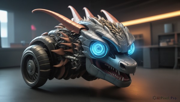 HQ,solo,open mouth,blue eyes,horns,teeth,indoors,blurry,no humans,blurry background,glowing,robot,sharp teeth,ground vehicle,mecha,glowing eyes,motor vehicle,science fiction,monster,car,vehicle focus,non-humanoid robot,fangs,claws