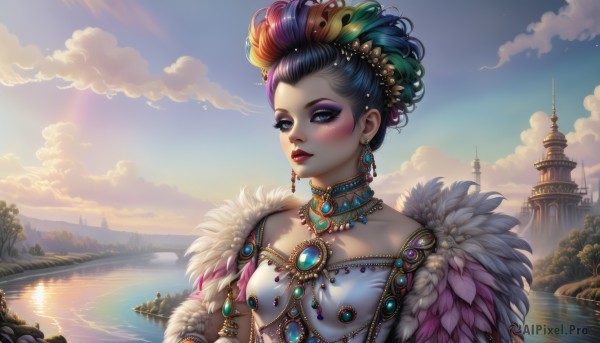 1girl,solo,breasts,looking at viewer,blush,short hair,blue eyes,black hair,hair ornament,dress,bare shoulders,jewelry,blue hair,collarbone,upper body,red hair,multicolored hair,earrings,small breasts,outdoors,parted lips,green hair,sky,choker,day,artist name,cloud,signature,water,necklace,white dress,two-tone hair,tree,blue sky,lips,streaked hair,fur trim,eyelashes,makeup,bird,sunlight,cloudy sky,feathers,lipstick,brooch,building,gem,scenery,pendant,eyeshadow,reflection,beads,sunset,nose,red lips,eyeliner,feather hair ornament,bridge,river,castle,lake,blue gemstone,mascara,updo,purple hair,flower,hair flower,watercraft