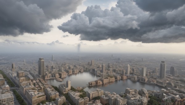 outdoors,sky,day,cloud,water,no humans,ocean,cloudy sky,building,scenery,smoke,city,horizon,cityscape,river,skyscraper,landscape