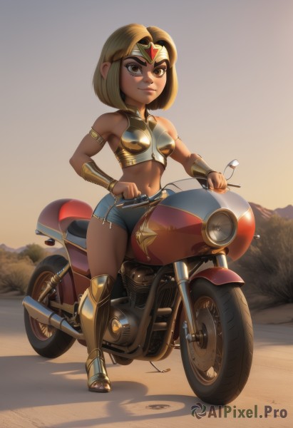 1girl,solo,breasts,smile,short hair,blonde hair,brown hair,navel,bare shoulders,brown eyes,full body,small breasts,boots,outdoors,shorts,midriff,artist name,dark skin,armor,dark-skinned female,lips,short shorts,tiara,ground vehicle,motor vehicle,armlet,sunset,breastplate,vambraces,riding,bracer,greaves,motorcycle,forehead protector,desert,gorget,on motorcycle,medium breasts,thighs,crop top,makeup,helmet,denim,denim shorts,circlet,nose,forehead jewel,scooter,leg armor